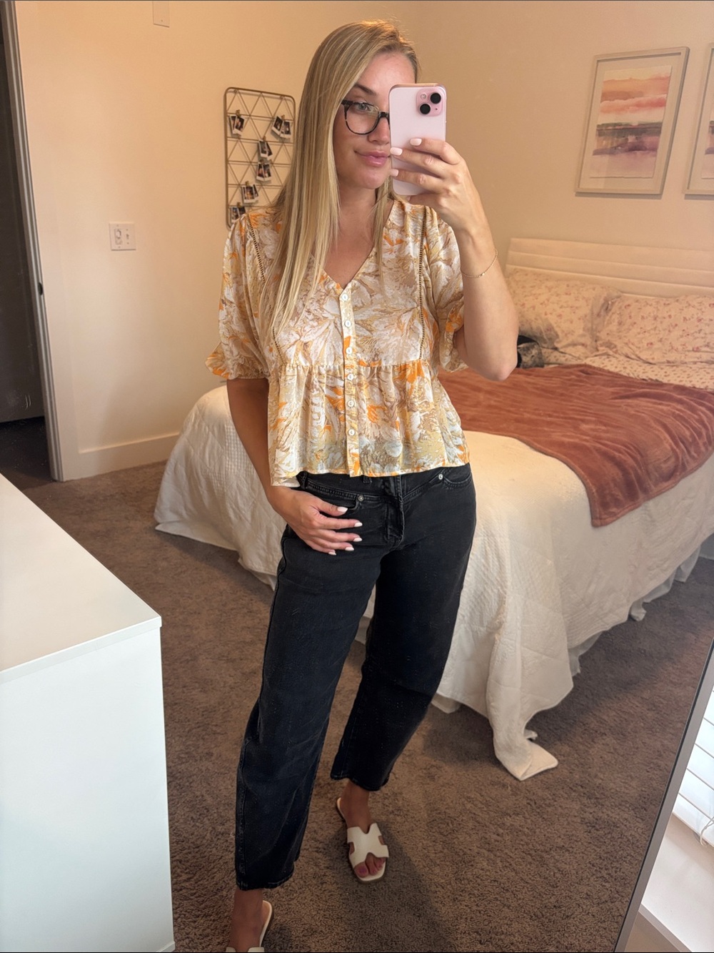Lush Cream and Yellow Floral Button-Front Blouse